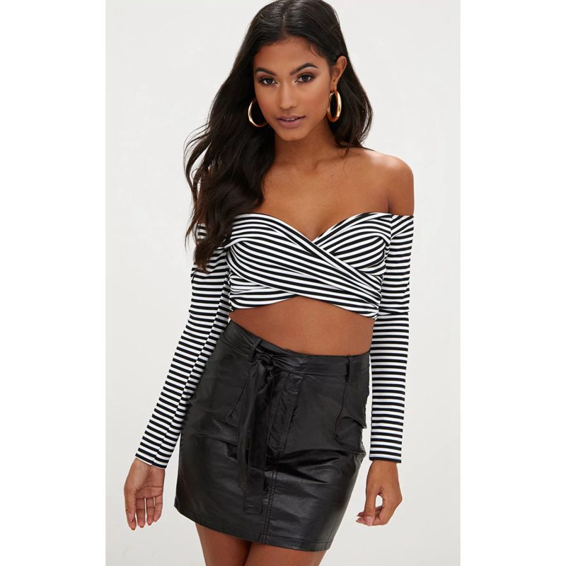 Off-Neck Short Striped Cross Slim Fit Cropped Long Sleeve