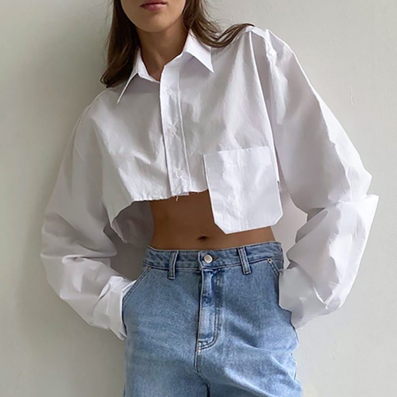 White Cropped Asymmetric Shirt for Autumn