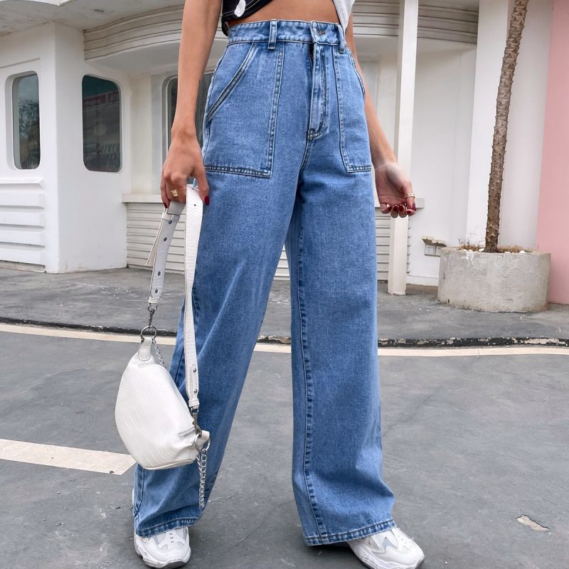 Women Clothing Large Pocket High Waist Casual Straight Leg Denim Pants Summer