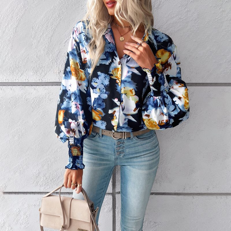 Casual Printing Lantern Sleeve Shirt