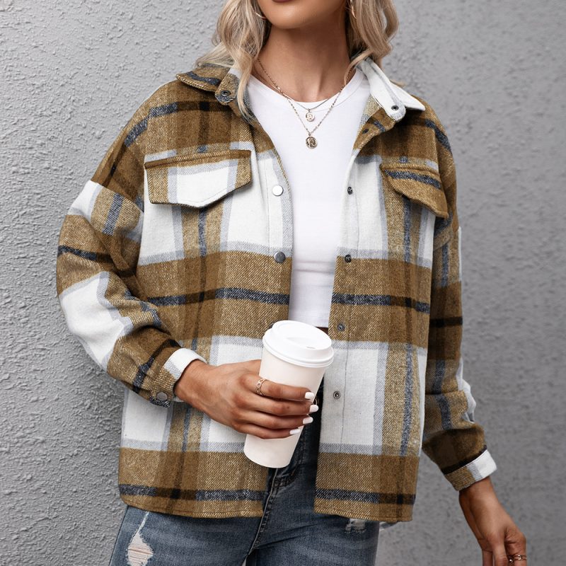 Cashmere Long-Sleeve Plaid Shacket for Women