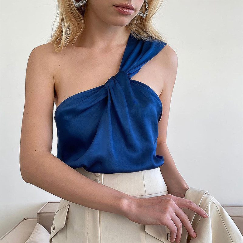 Sexy Satin Klein Blue Vest with Oblique Shoulder Detail