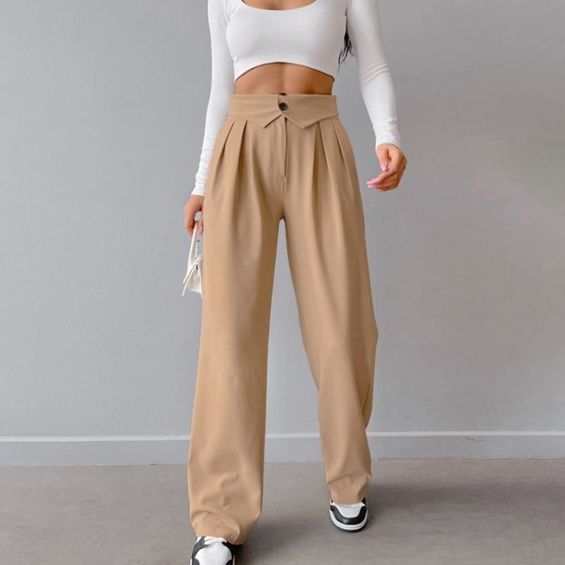 Pleated High Waist Straight Casual Pants