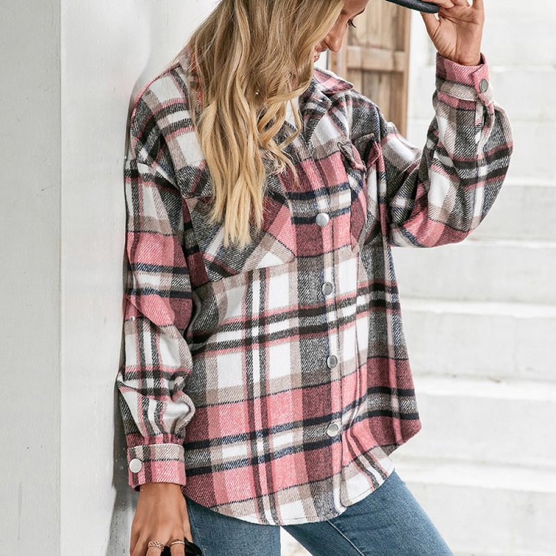 Fleece Long-Sleeve Checked Shacket for Women