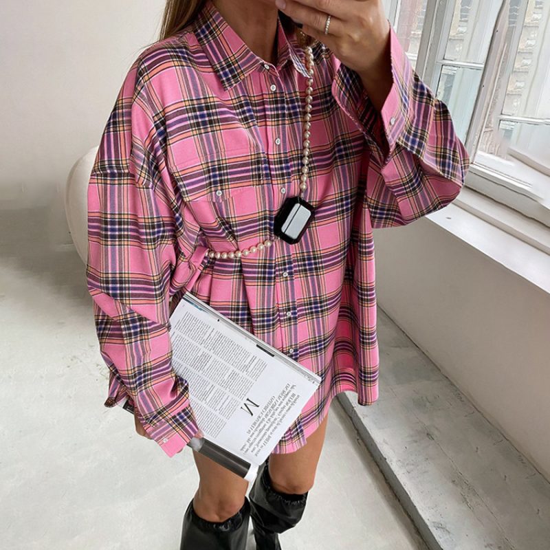 Retro Pink Plaid Collared Loose Shirt