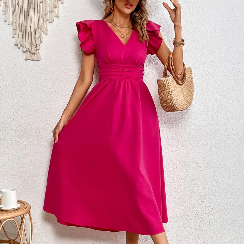 Elegant V-Neck Maxi Dress with Ruffle Sleeves