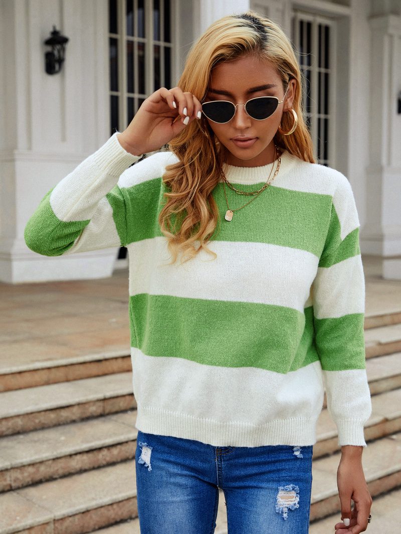 Mixed Color Stripe Round Neck Sweater