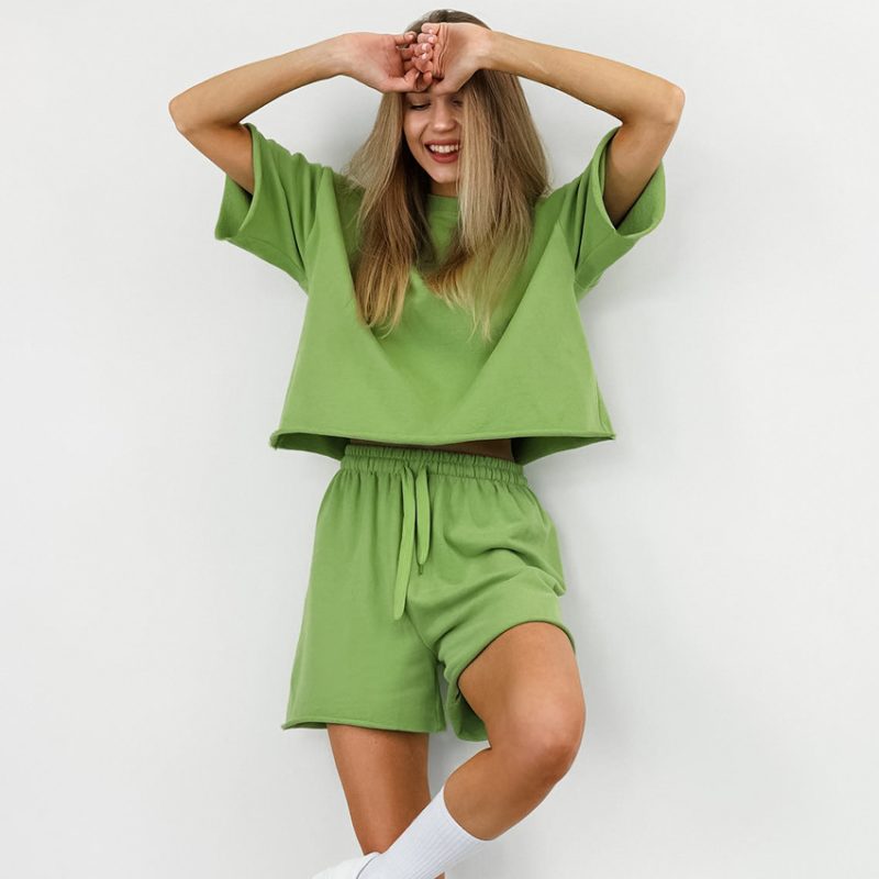 Casual Lace-Up Shorts Set in Refreshing Green