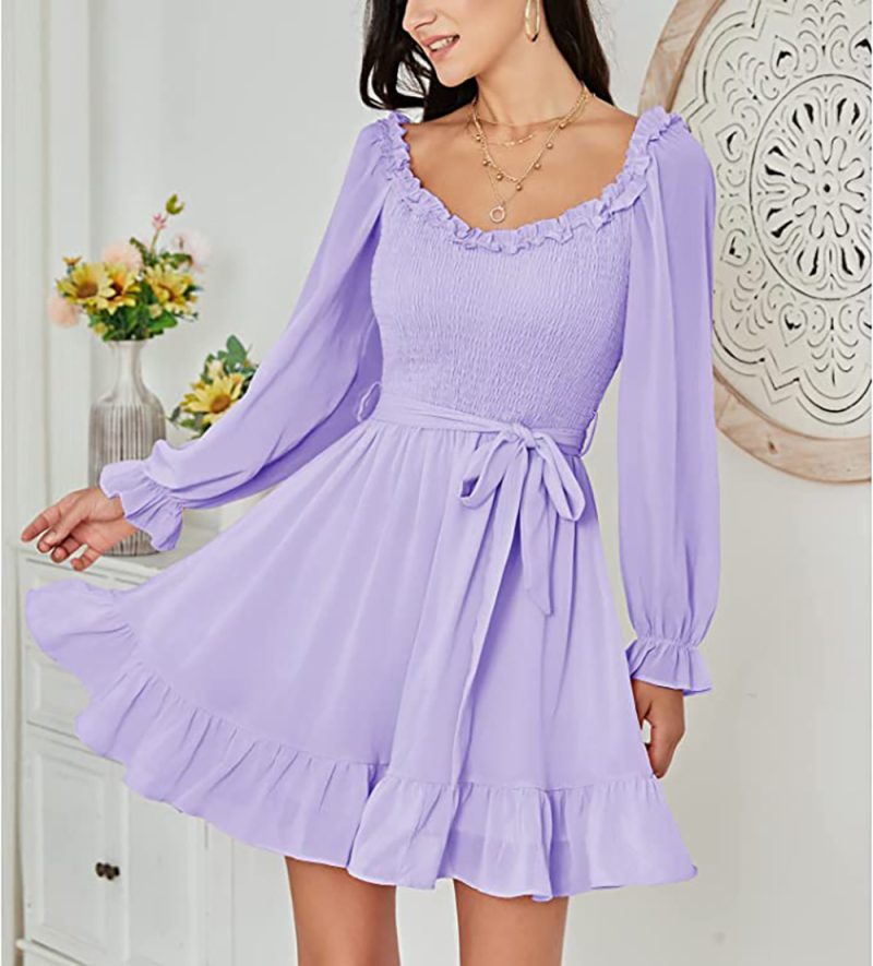 Chiffon Ruffled V-Neck A-Line Dress