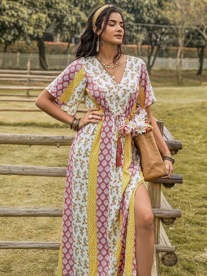 Mixed Bohemian Printed High Waist V-Neck Dress