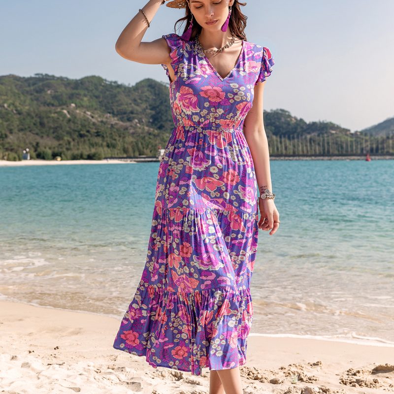 Slimming Purple Printed V-Neck Dress