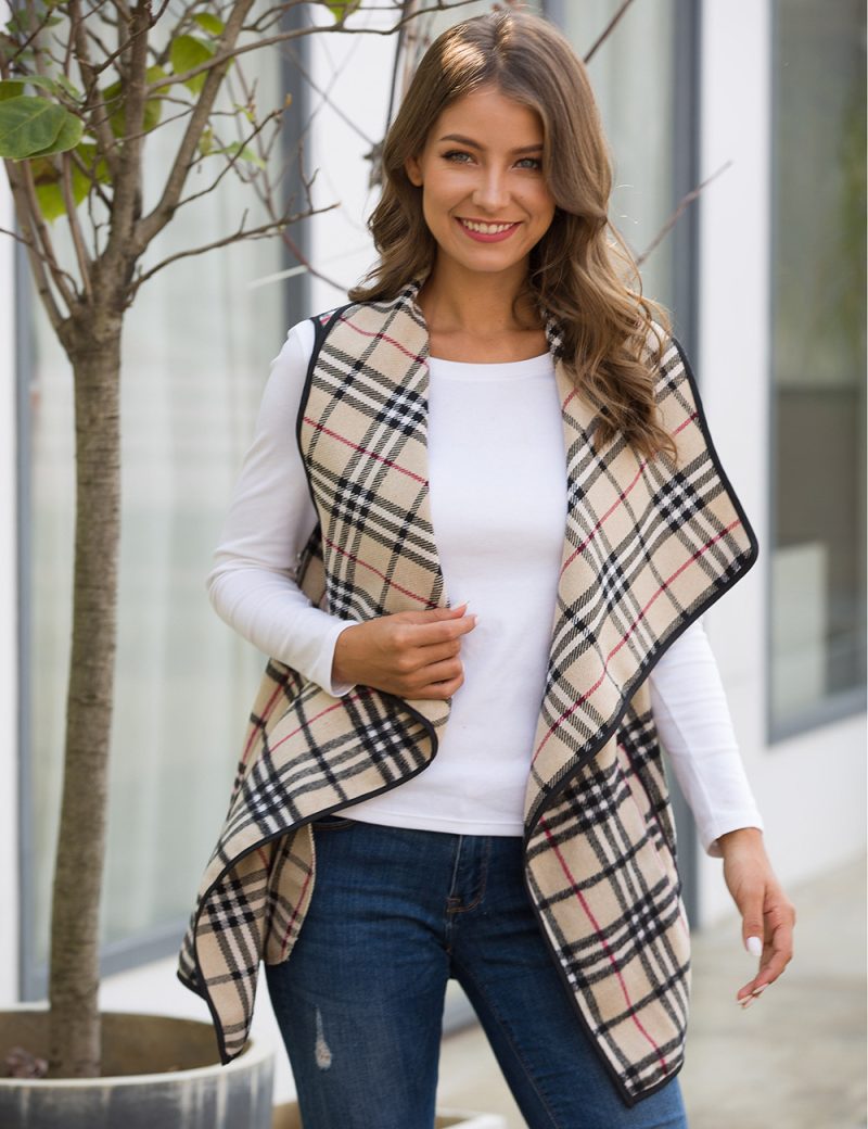 Plaid Collared Cape Woolen Coat for Women