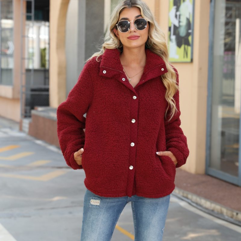 Round Neck Long Sleeve Stitching Double-Breasted Bubble Velvet Coat for Women