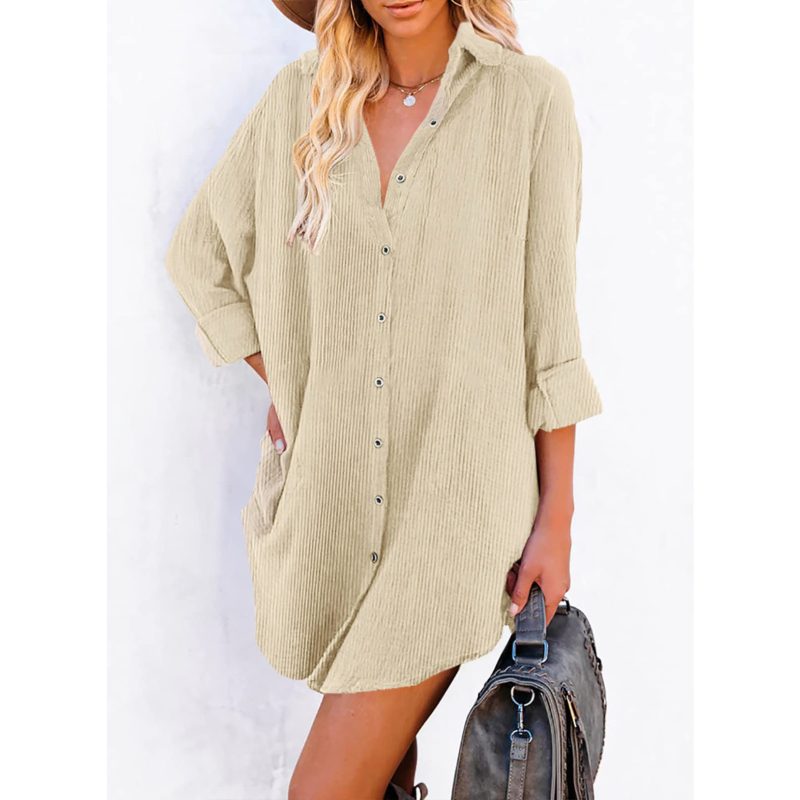 Long-Sleeved Oversized Corduroy Shirt Dress with Button Detail for Women