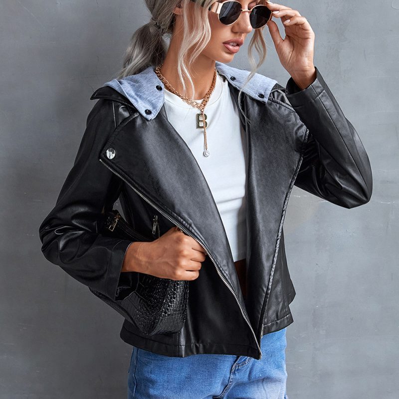 Hooded Biker Faux Leather Coat