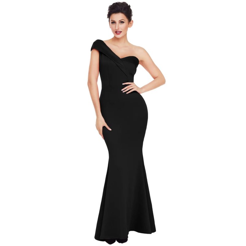 Sloping Shoulder Backless Solid Color Evening Dress for Women