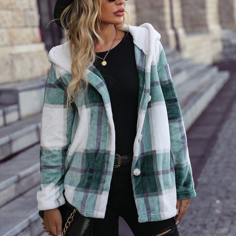 Hooded Plaid Mid-Length Velvet Coat