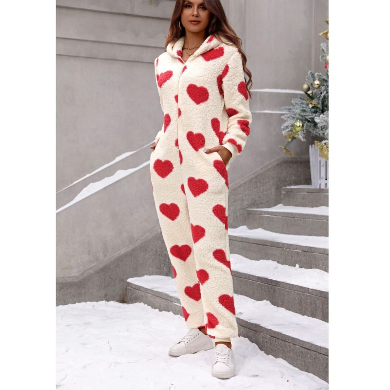 Plush Loving Heart Printed Hooded Jumpsuit for Women in Autumn/Winter