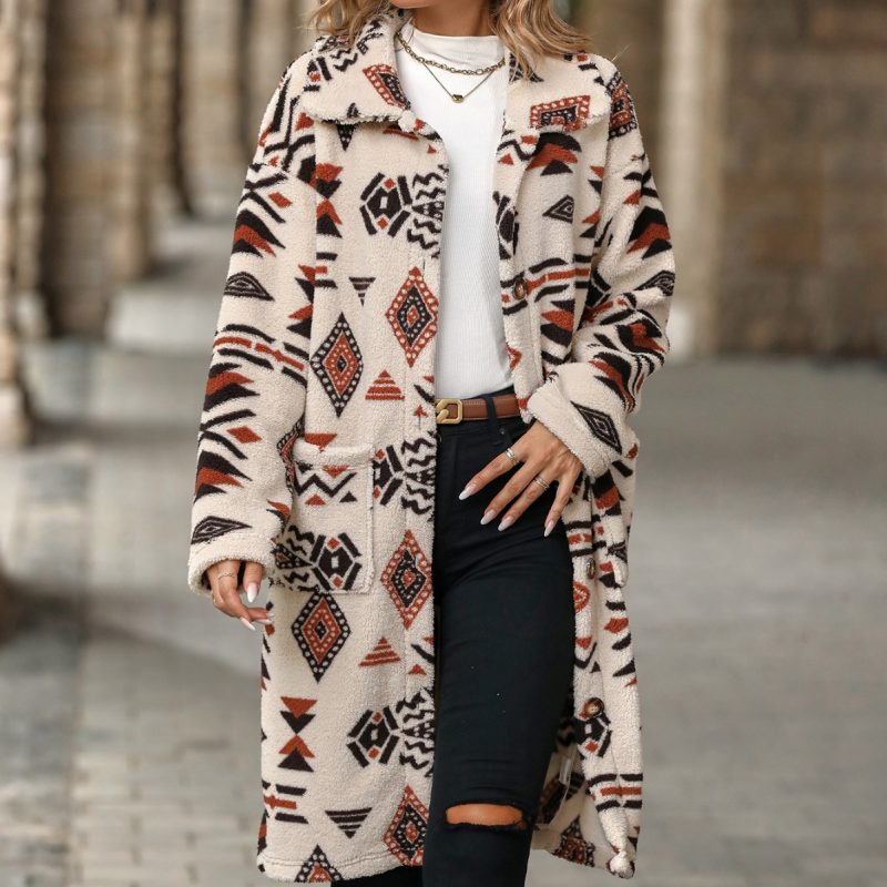 Ethnic Print Plush Long Overcoat