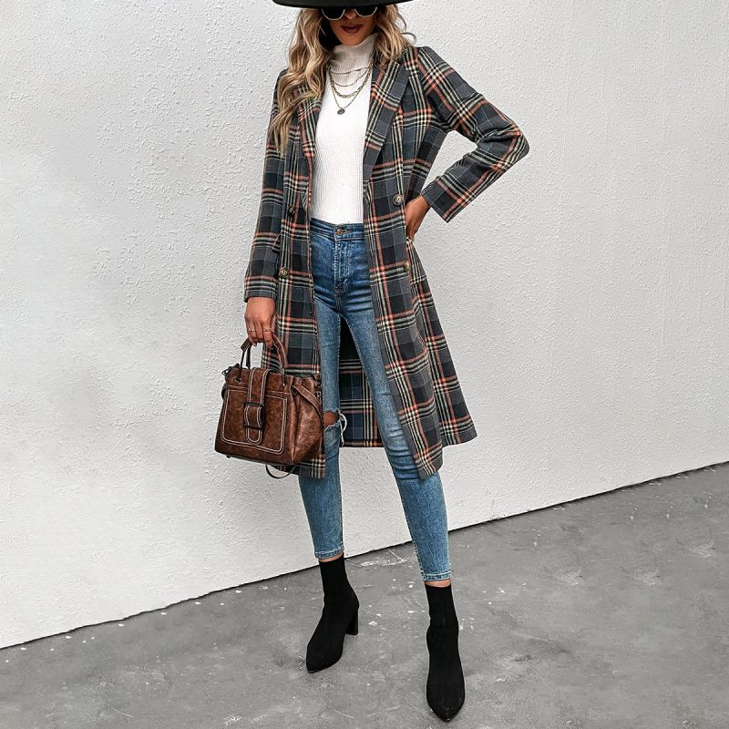 Trendy Single-Breasted Plaid Wool Coat