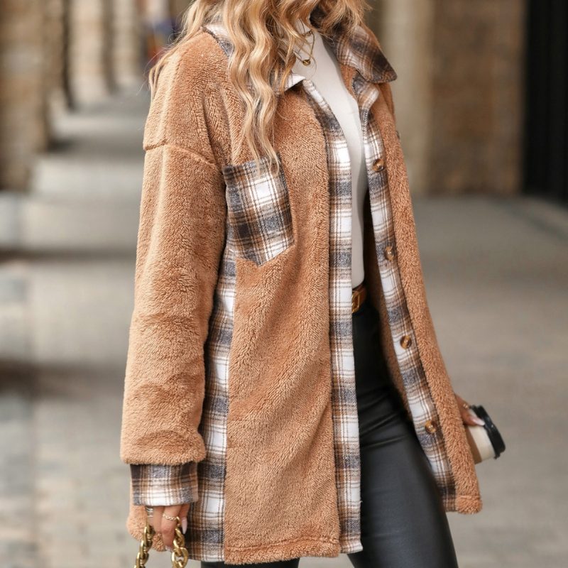 Single-Breasted Collared Mid-Length Plaid Coat