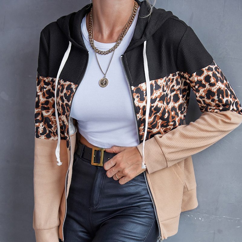 Leopard Print Patchwork Hoodie Color Matching Zipper Cardigan Coat