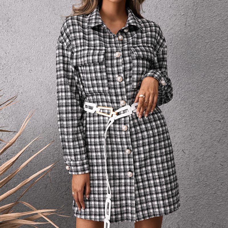 Casual Single Breasted Mid Length Plaid Shacket Shirt Dress