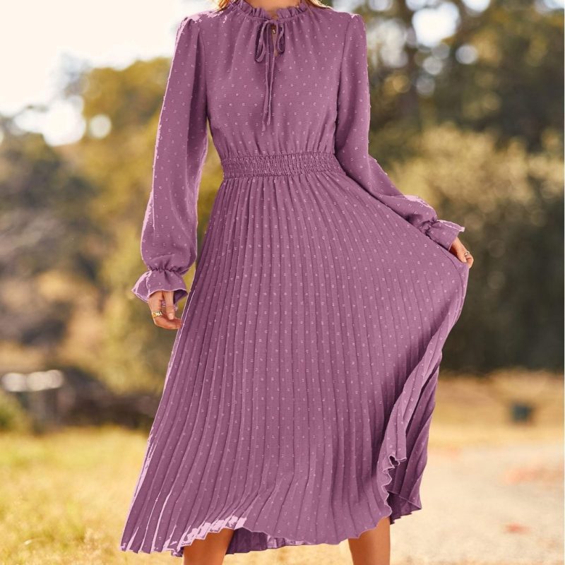 Fall Long Sleeve V-Neck Swiss Polka Dot Maxi Dress for Women