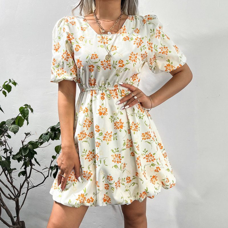 Printed Dress with Puff Sleeves for Women in Summer