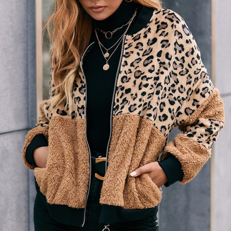 Leopard Print Stud Stitching Plush Zipper Jacket