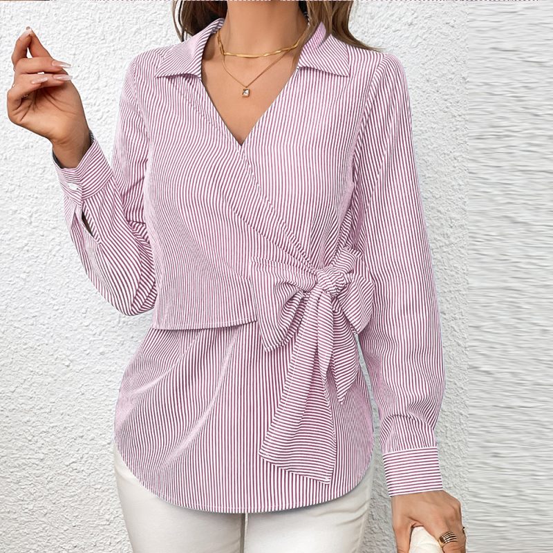 Women's Clothing Vertical Stripes Slimming Bundle Long-Sleeved Shirt