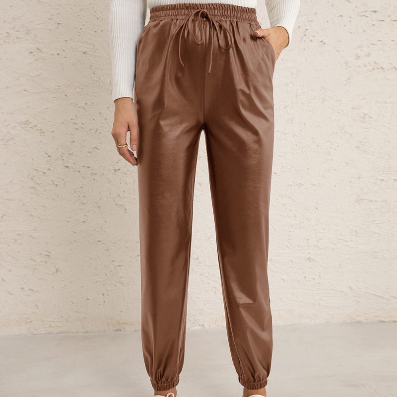 Leather Trousers with Elastic Waist and Ankle Ties