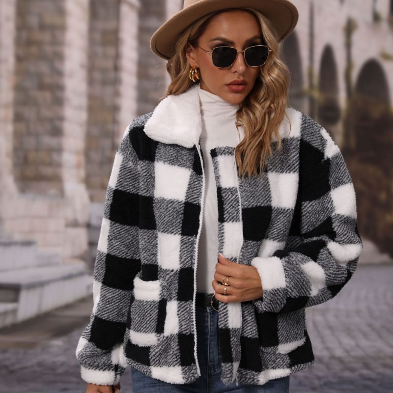 Fall Women's Collared Zip Plaid Plush Casual Jacket