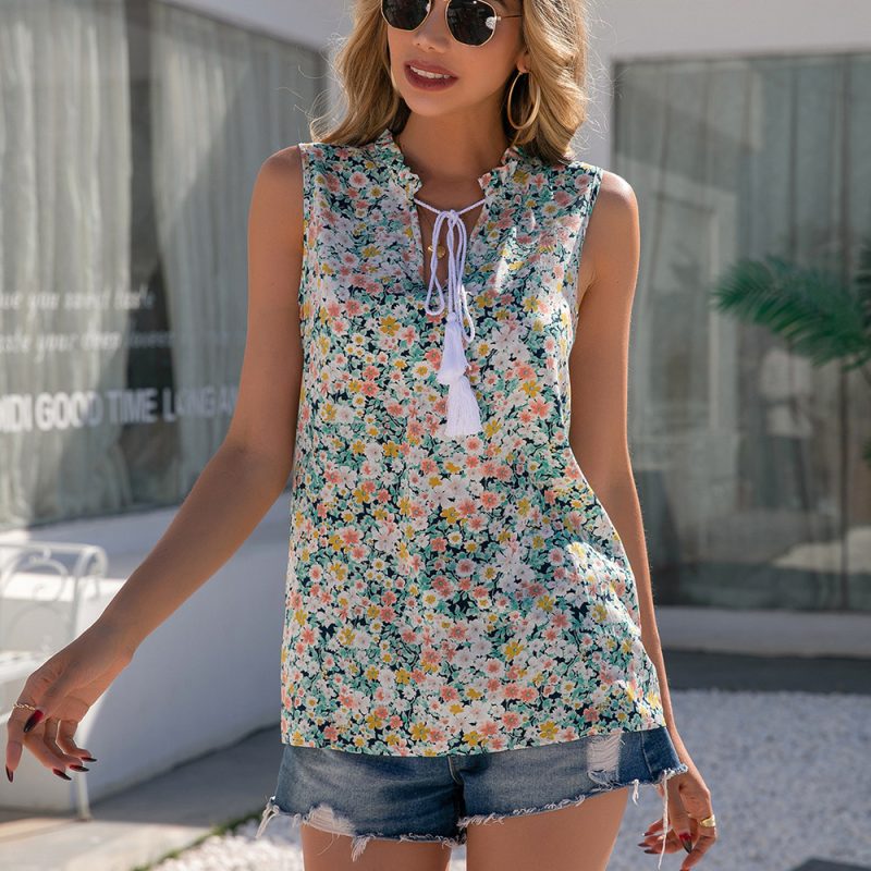 Floral V-neck Lace-up Shirt with Wooden Ear Collar