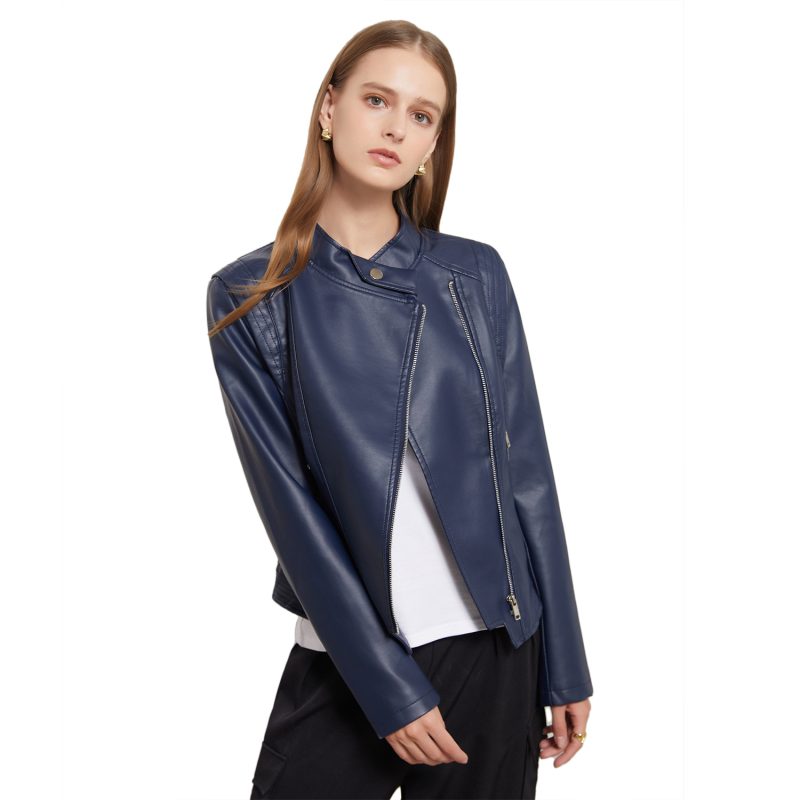 Slim-Fit Faux Leather Collared Coat for Women