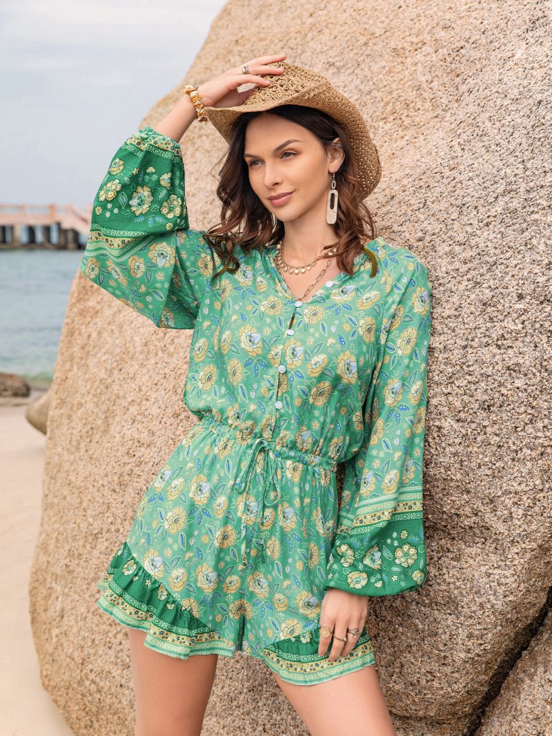 Green Printed Waist Vacation Jumpsuit