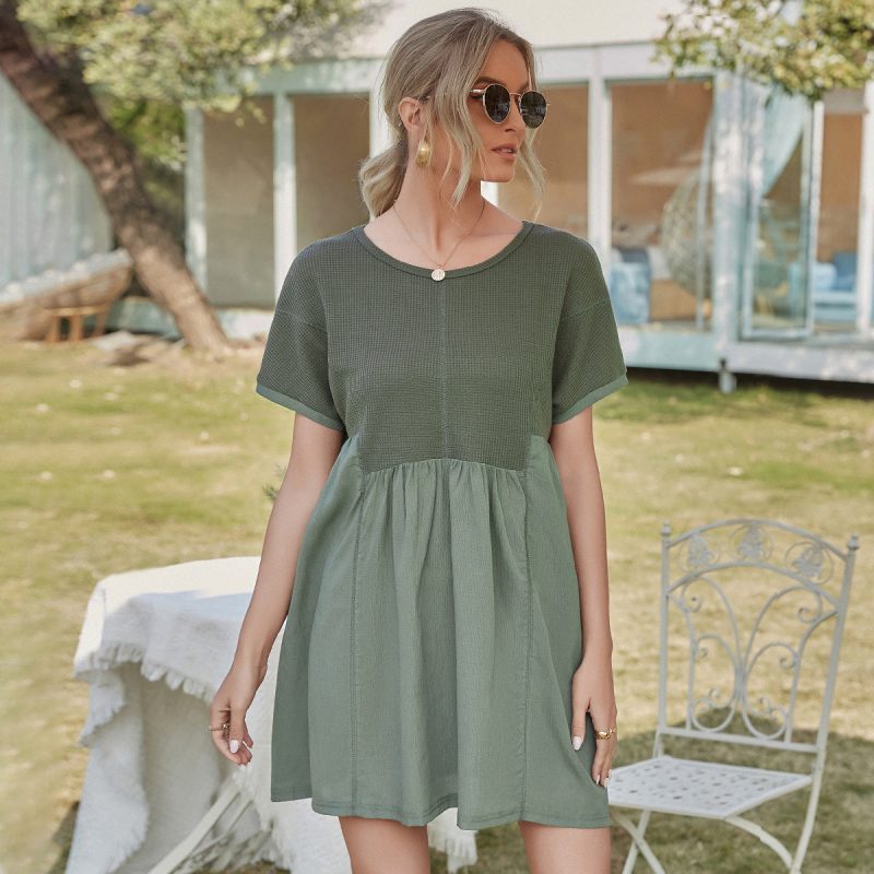 Waffle Stitching A-Line Short-Sleeved Loose Dress