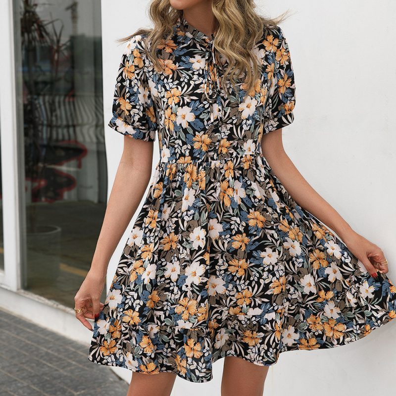 Stand Collar Ruffle Small Floral Short Sleeve Dress