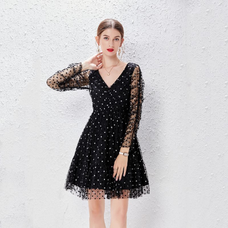 V-Neck Black Polka Dot Mesh Dress