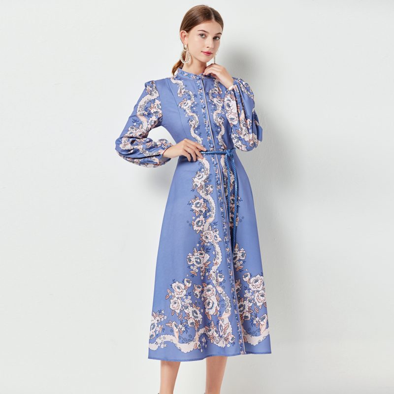 nted Belted Lantern Sleeve Dress"