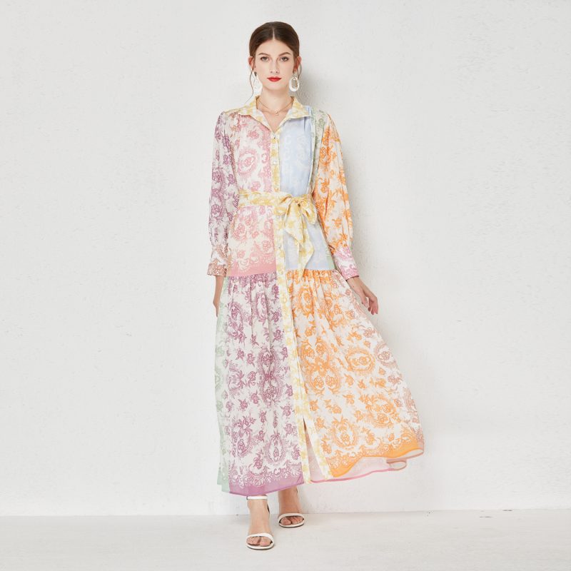 Printed Lapel Long Dress