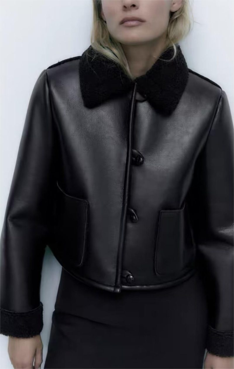 Chic Black Leather Ring Loop Short Coat