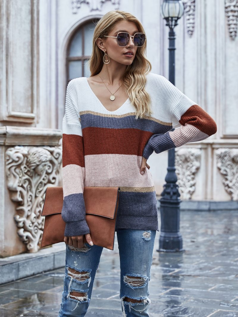 Striped V-Neck Pullover Sweater