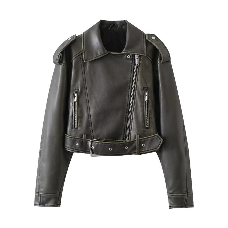 Edgy Faux Leather Jacket: Oblique Zip Polo Collar