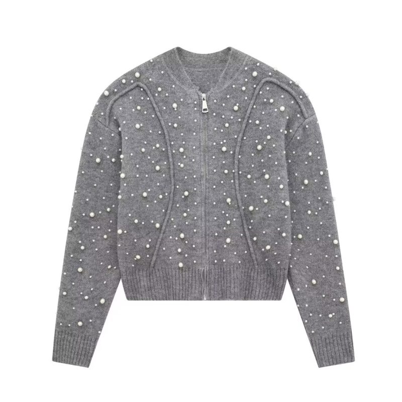 Gray Heavy Beads Cardigan - Winter Slimming Sweater