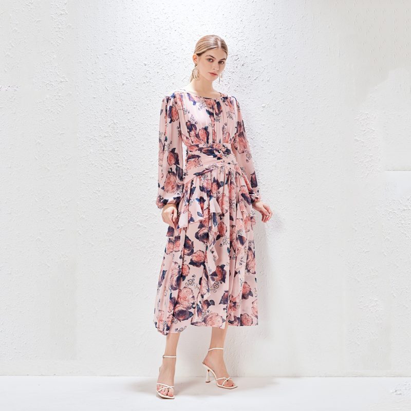 Ruffled Printed Maxi Dress | Feminine Lantern Sleeve