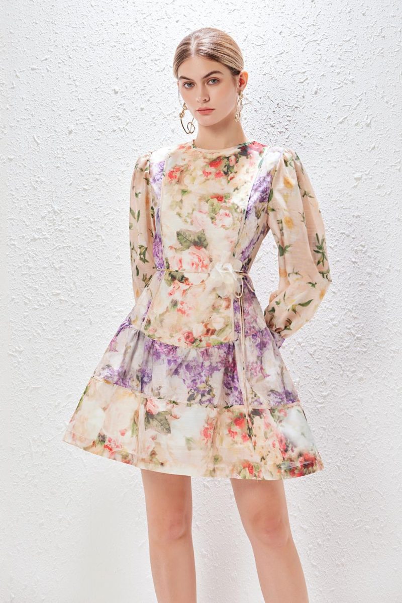 Printed Lantern Sleeve Lace-Up Dress | Floral Holiday