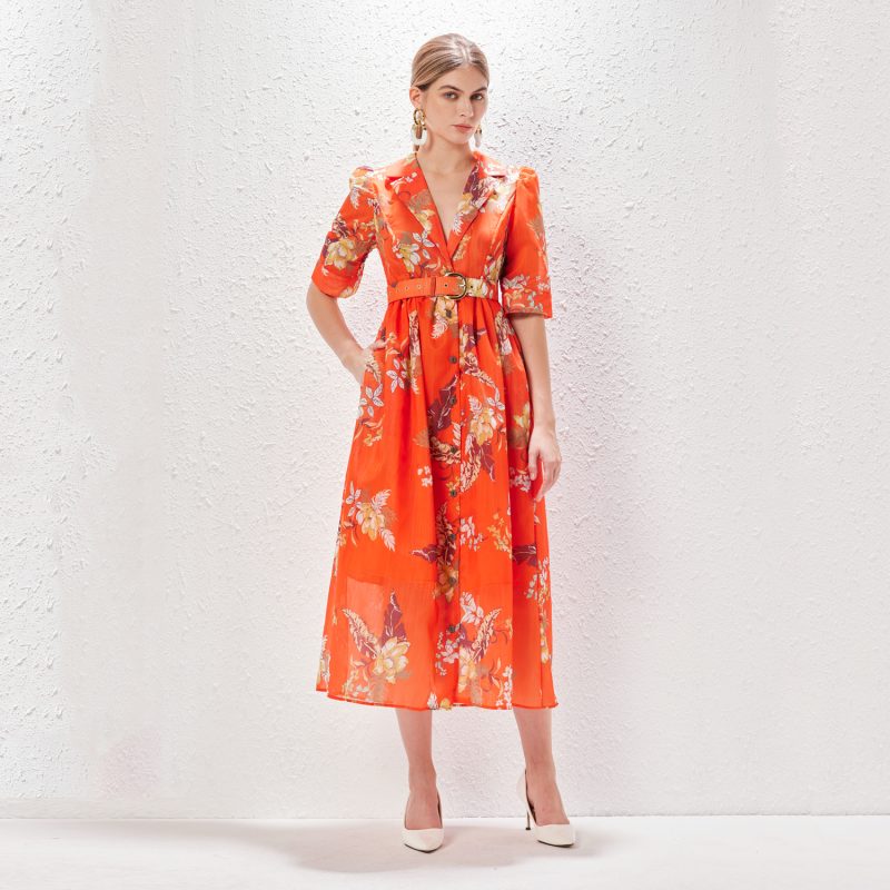 Summer Printed Blazer Collar Midi Dress | Single-Breasted