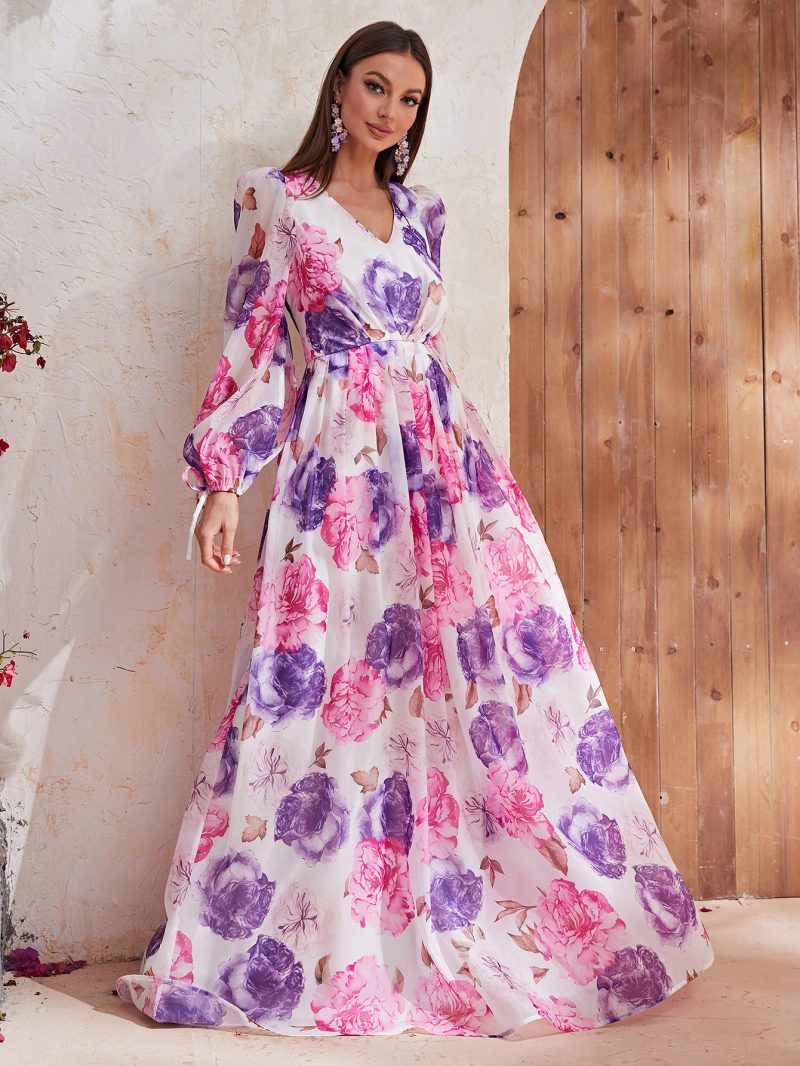 Printed Chiffon V-Neck Long Sleeve Dress