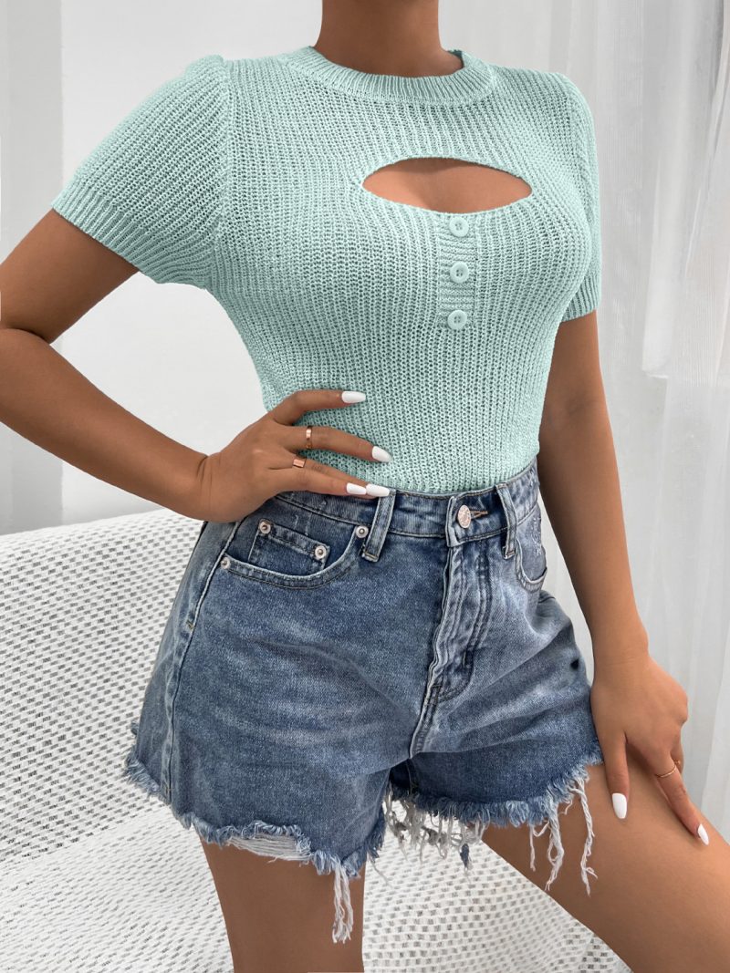 Knitted Short Sleeve Button Top